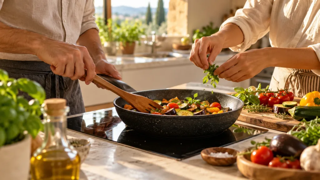 Due persone cucinano insieme verdure in una padella antiaderente su piano a induzione