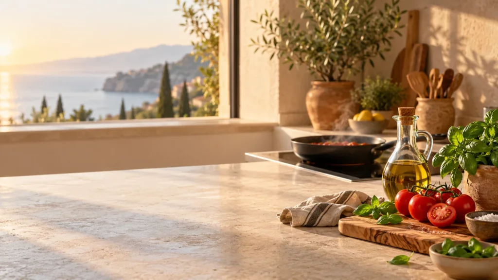 Cucina mediterranea al tramonto con padella sul fuoco, pomodori, basilico e olio d'oliva