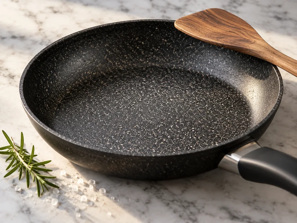 Dettaglio di una padella antiaderente con rivestimento effetto pietra e spatola in legno