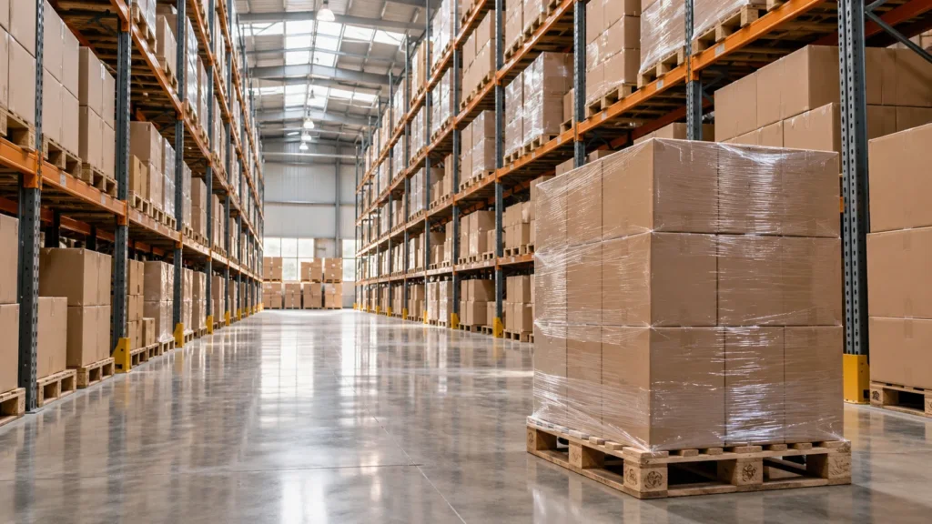 Magazzino con scaffalature e pallet di scatole pronti per la spedizione