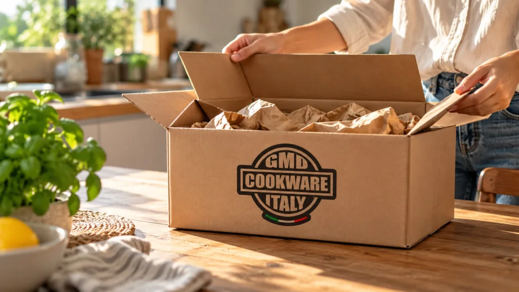 Scatola di cartone con il logo GMD Cookware Italy aperta su un tavolo da cucina