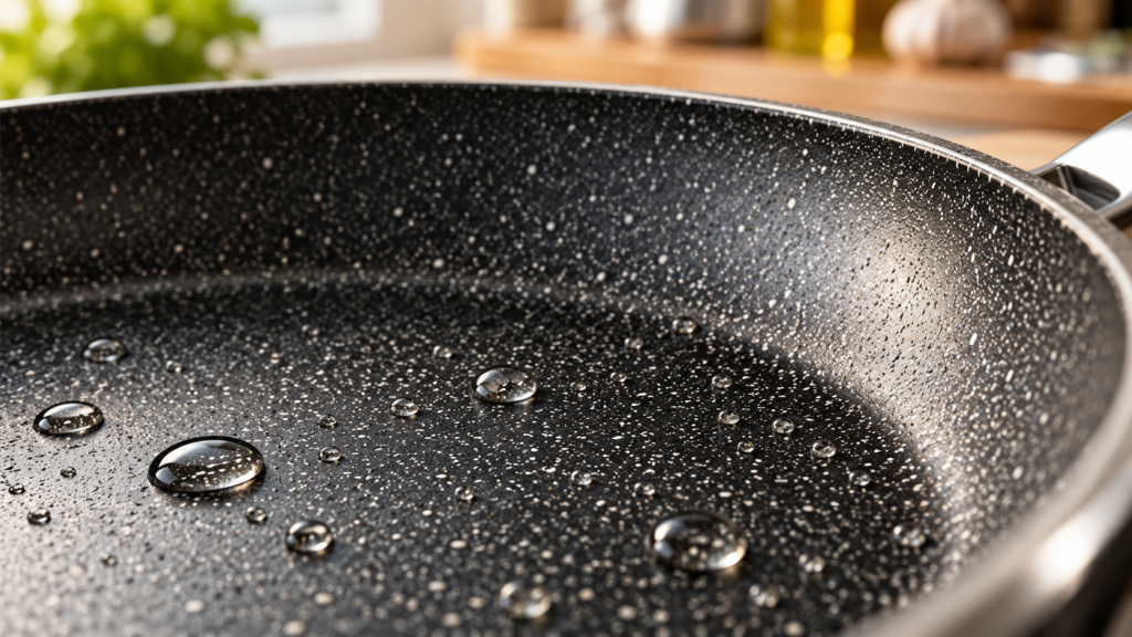 Primo piano dell'interno di una padella nera con gocce d'acqua sulla superficie