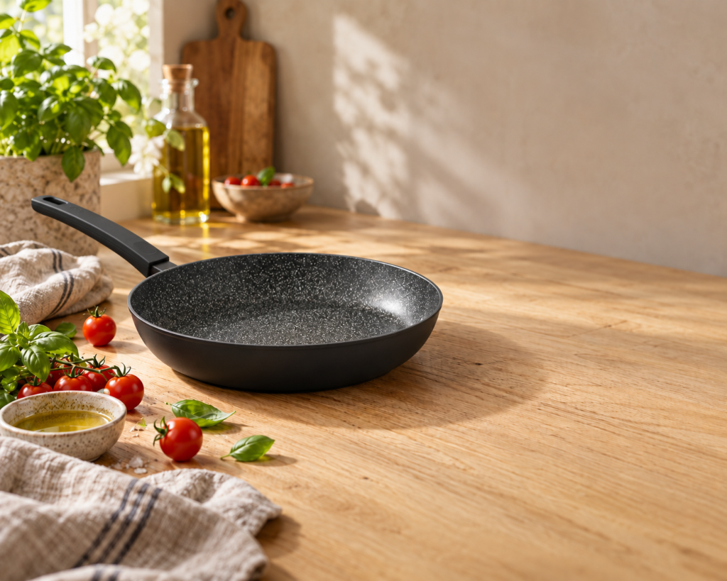 Padella nera antiaderente su un piano in legno, con pomodorini, basilico, olio d'oliva e canovaccio